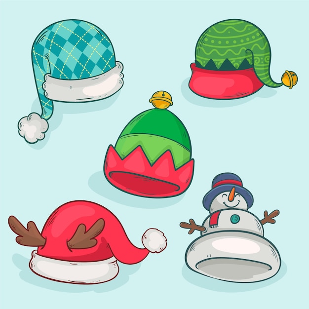 Colección de gorros de santa dibujados a mano