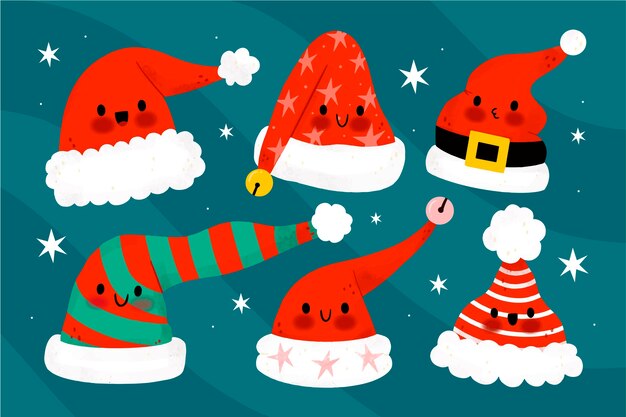Colección de gorros de santa dibujados a mano