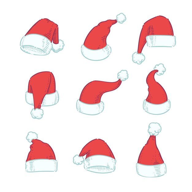 Colección de gorros de santa dibujados a mano