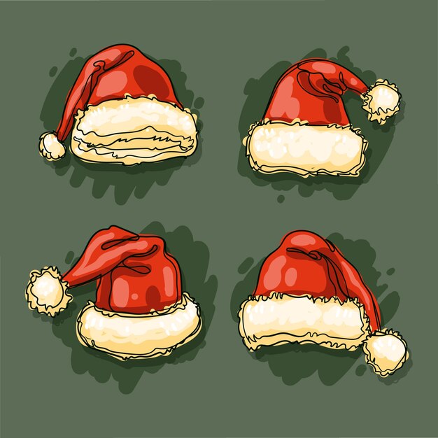 Colección de gorros de santa dibujados a mano