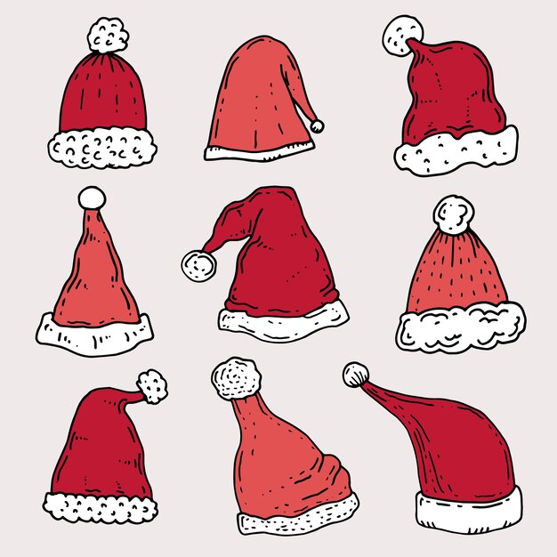 Colección de gorros de santa dibujados a mano