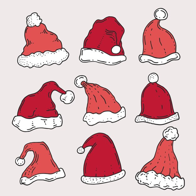 Colección de gorros de santa dibujados a mano
