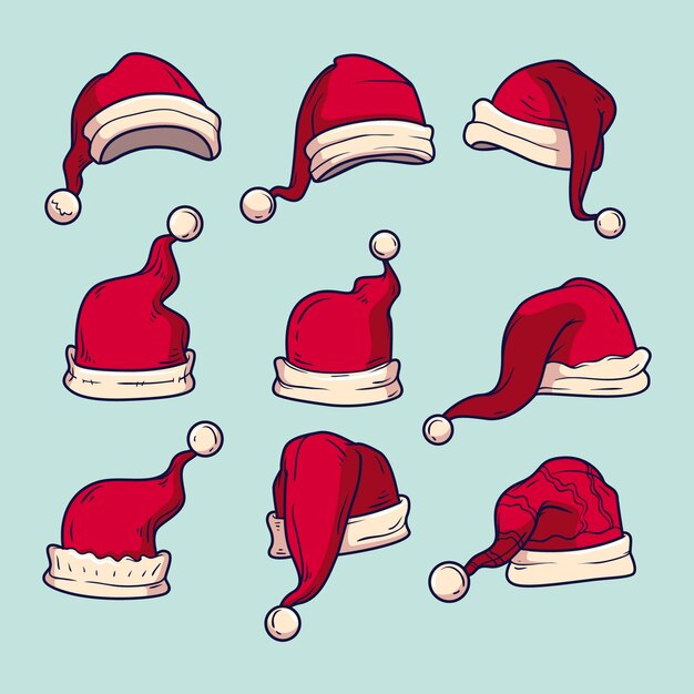 Colección de gorros de santa dibujados a mano