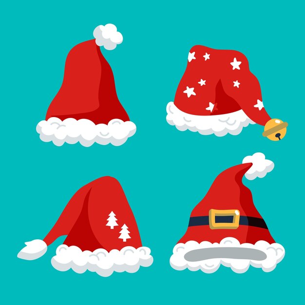 Colección de gorros de santa planos dibujados a mano