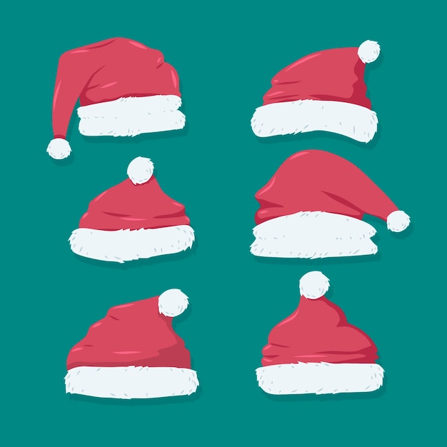 Colección de gorros de santa planos dibujados a mano