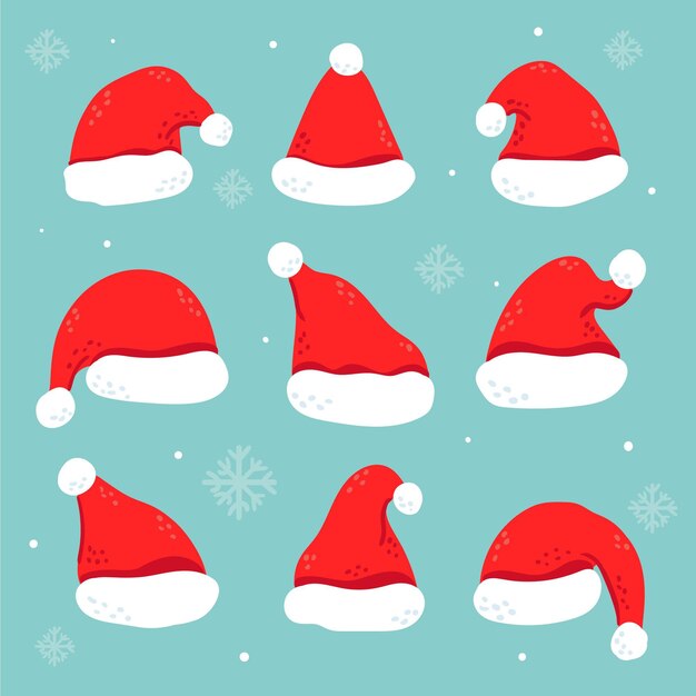 Colección de gorros de santa planos dibujados a mano