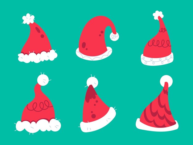 Colección de gorros de santa planos dibujados a mano