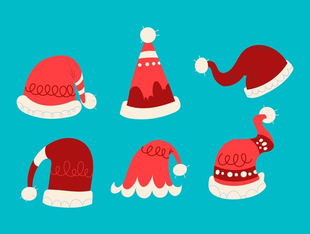 Colección de gorros de santa planos dibujados a mano