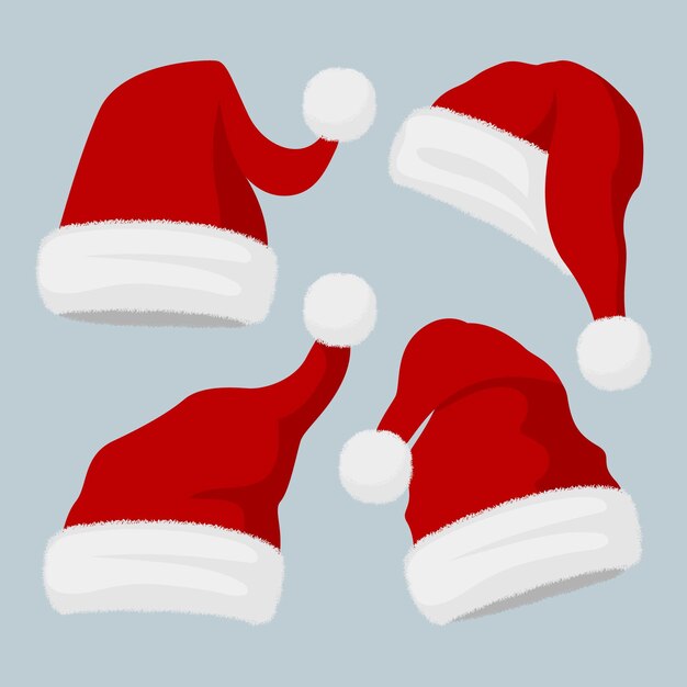 Colección de gorros de santa planos dibujados a mano