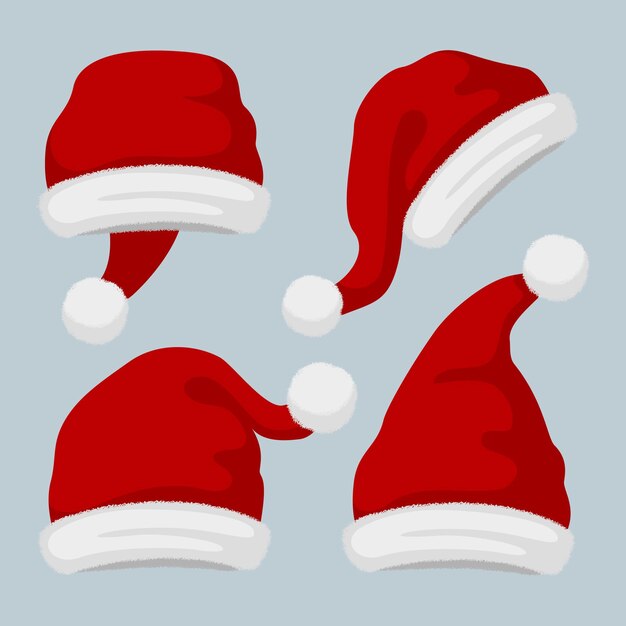Colección de gorros de santa planos dibujados a mano