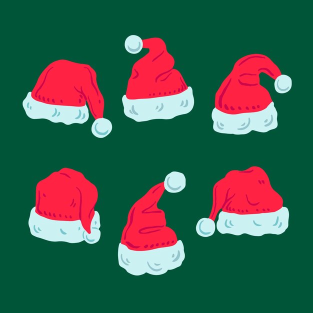 Colección de gorros de santa planos dibujados a mano