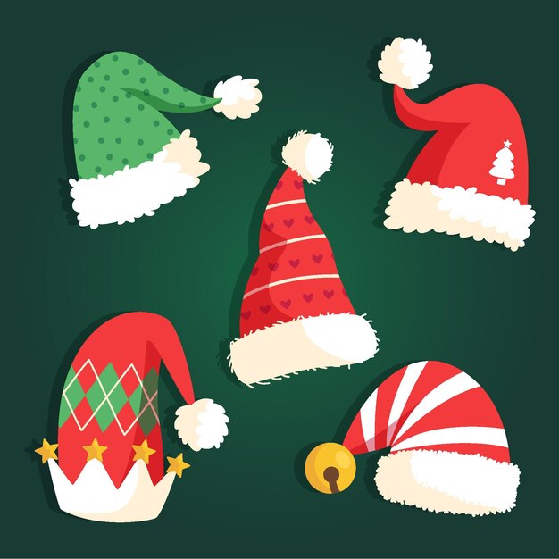 Colección de gorros de santa planos dibujados a mano