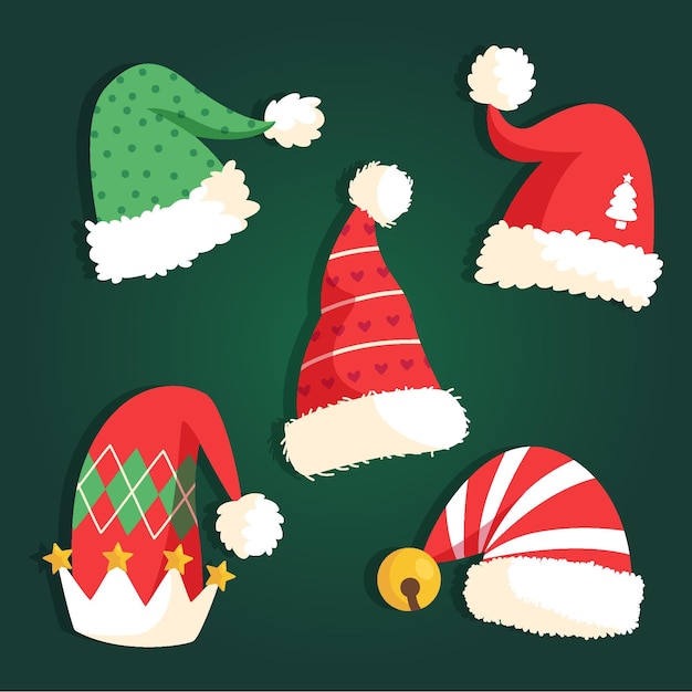 Colección de gorros de santa planos dibujados a mano