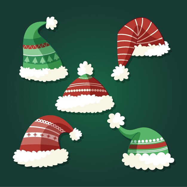Colección de gorros de santa planos dibujados a mano