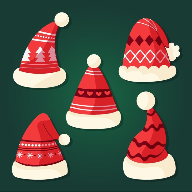 Colección de gorros de santa planos dibujados a mano