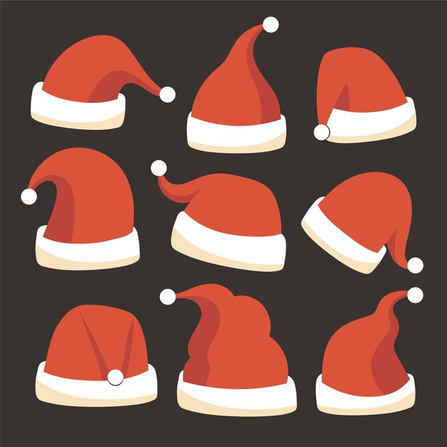 Colección de gorros de santa planos dibujados a mano