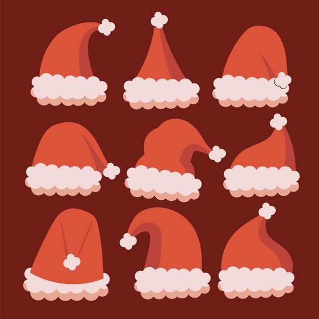 Colección de gorros de santa planos dibujados a mano