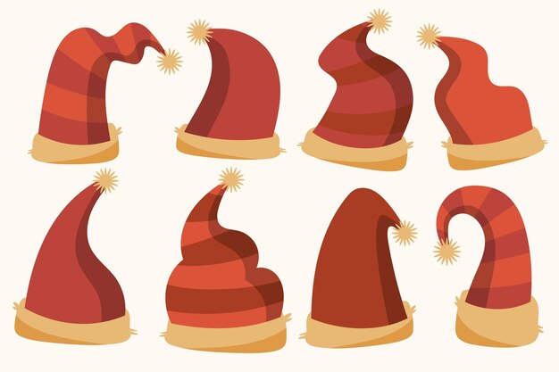 Colección de gorros de santa planos dibujados a mano