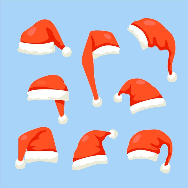 Colección de gorros de santa planos dibujados a mano