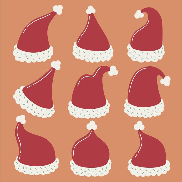 Colección de gorros de santa planos dibujados a mano