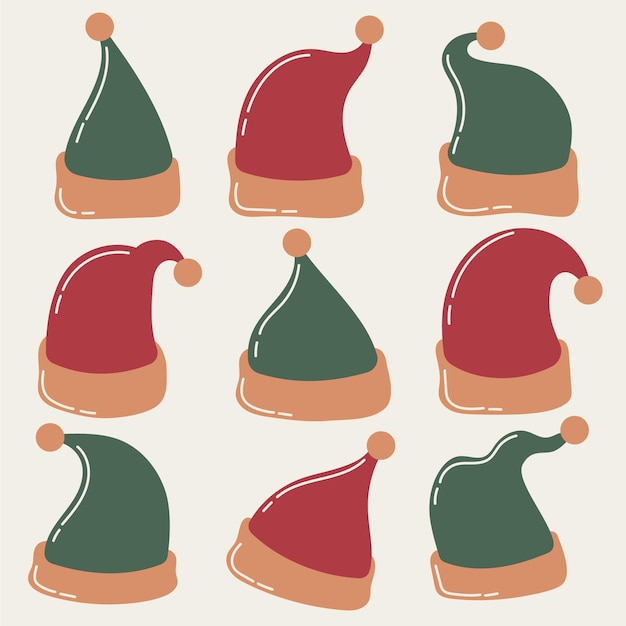 Colección de gorros de santa planos dibujados a mano