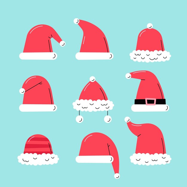 Colección de gorros de santa planos dibujados a mano