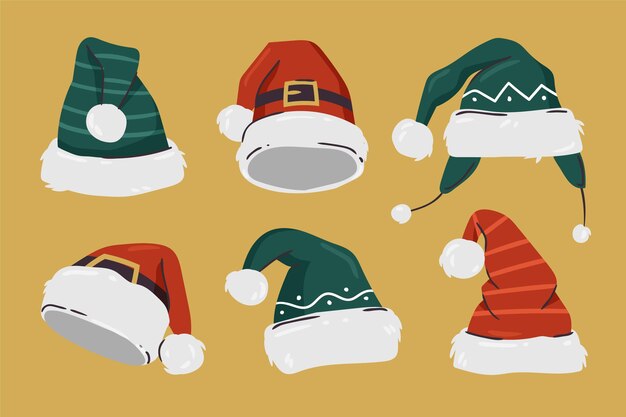 Colección de gorros de santa planos dibujados a mano