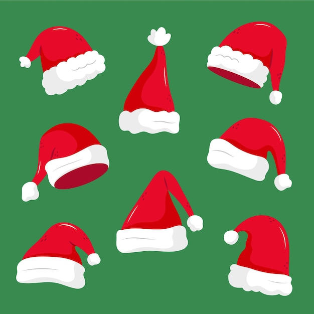 Colección de gorros de santa planos dibujados a mano