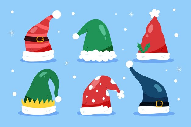Colección de gorros de santa planos dibujados a mano