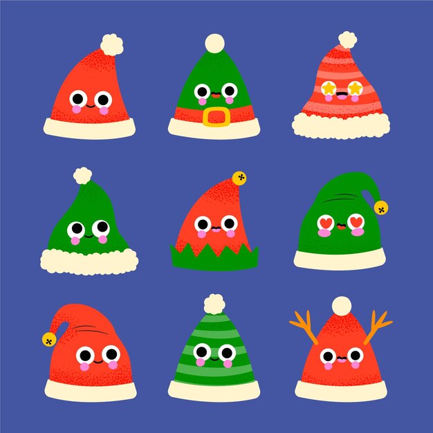 Colección de gorros de santa planos dibujados a mano