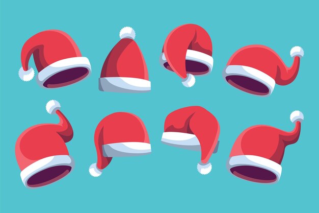 Colección de gorros de santa planos dibujados a mano