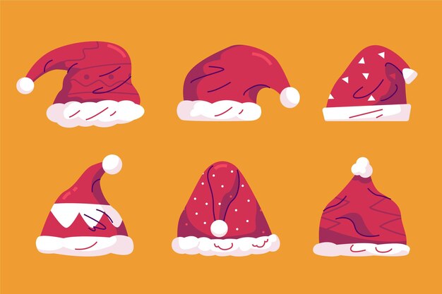 Colección de gorros de santa planos dibujados a mano