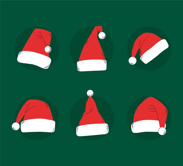 Colección de gorros de santa planos dibujados a mano