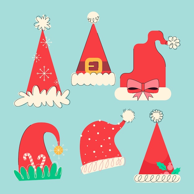 Colección de gorros de santa planos dibujados a mano