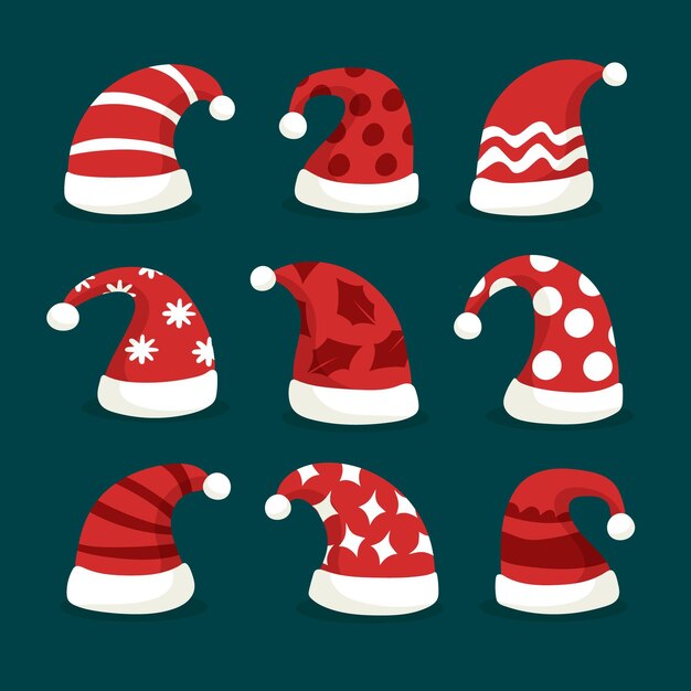Colección de gorros de santa planos dibujados a mano