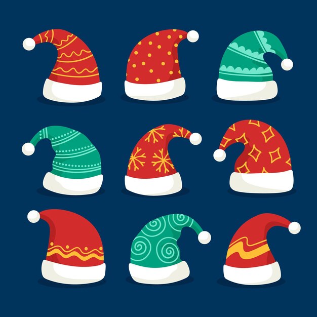 Colección de gorros de santa planos dibujados a mano