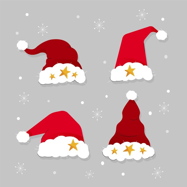 Colección de gorros de santa planos dibujados a mano