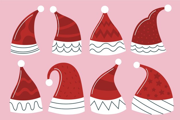 Colección de gorros de santa planos dibujados a mano