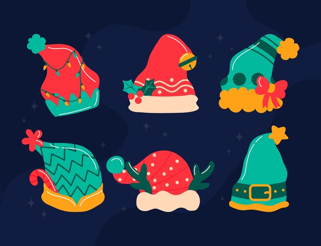Colección de gorros de santa planos dibujados a mano