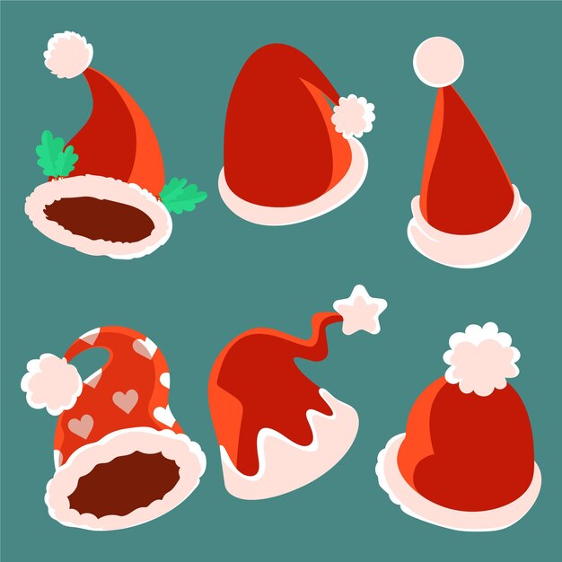 Colección de gorros de santa planos dibujados a mano