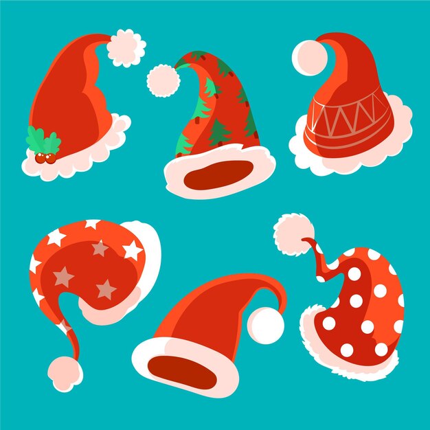 Colección de gorros de santa planos dibujados a mano