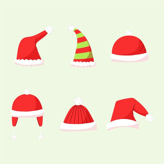 Colección de gorros de santa planos dibujados a mano