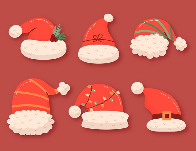 Colección de gorros de santa planos dibujados a mano