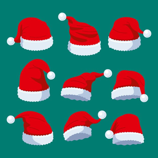 Colección de gorros de santa planos dibujados a mano