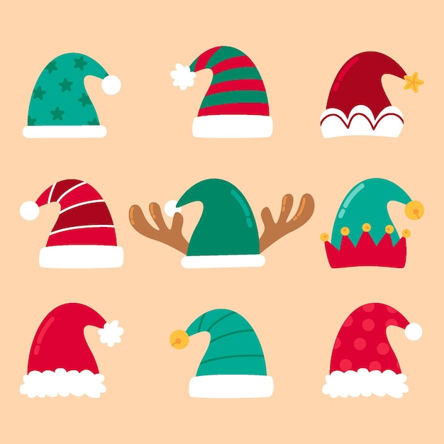 Colección de gorros de santa planos dibujados a mano
