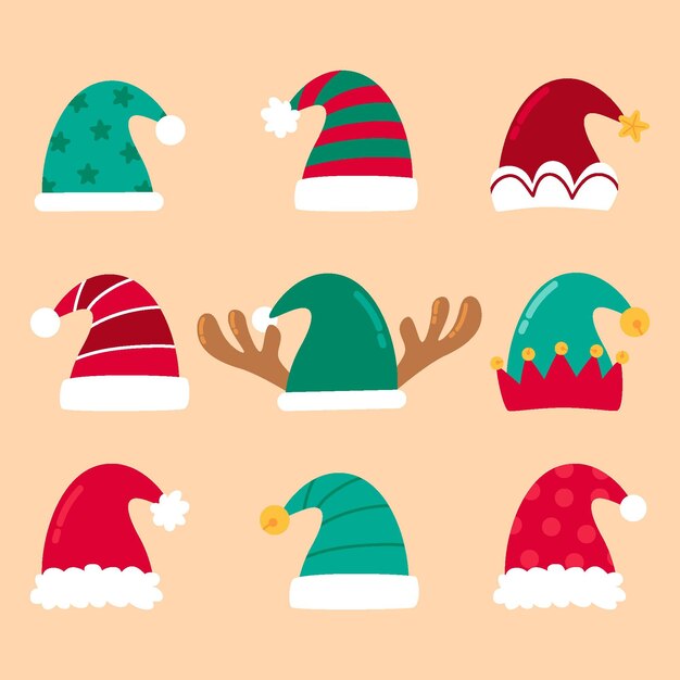 Colección de gorros de santa planos dibujados a mano