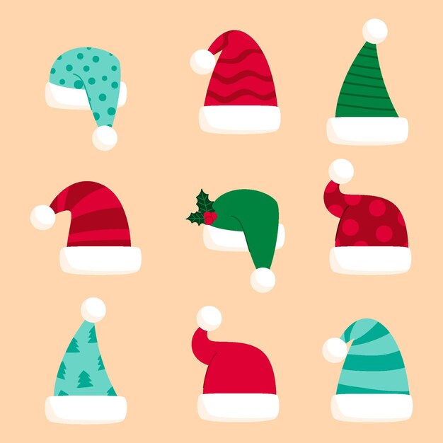 Colección de gorros de santa planos dibujados a mano