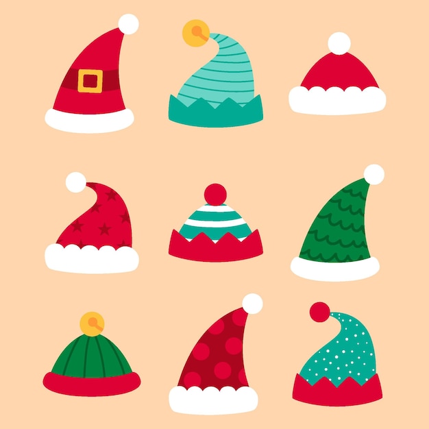 Colección de gorros de santa planos dibujados a mano