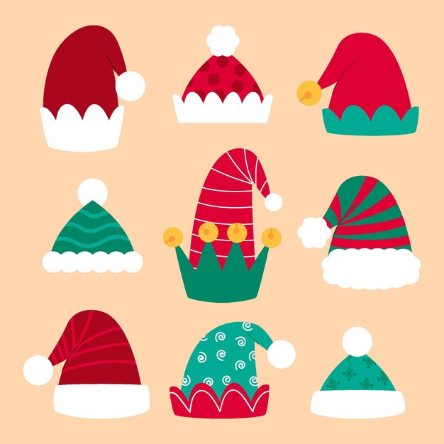 Colección de gorros de santa planos dibujados a mano