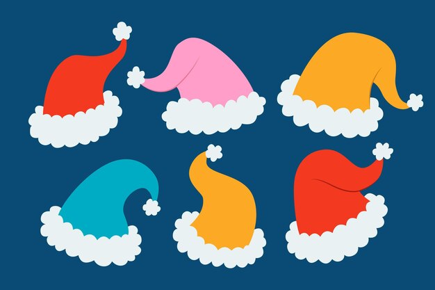 Colección de gorros de santa planos dibujados a mano